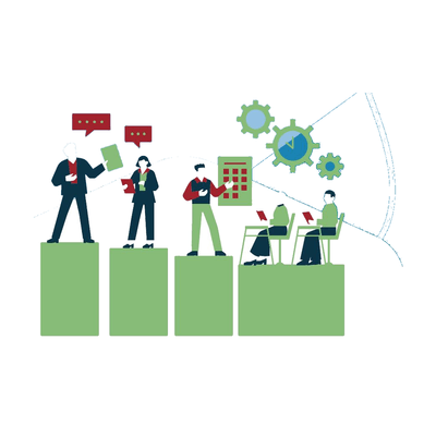 Four people on a rising bar chart, building an organisation