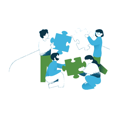 Four people fitting puzzle pieces together