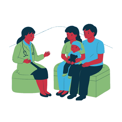 A doctor talking with a family and their child