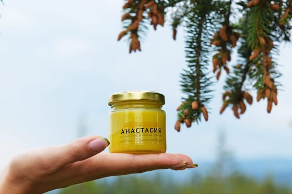 Бурканче билково масло „Анастасия“ в ръка, на фона на родопска гора