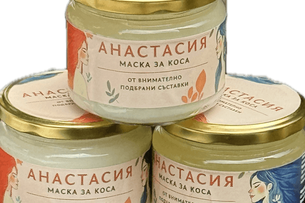 Три буркана маска за коса „Анастасия“ с илюстрирани етикети