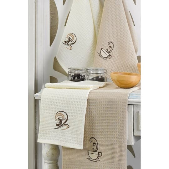 6 броя вафлени кърпи с бродерия Кафе