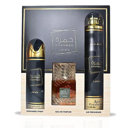 Khamrah Gift Set EDP - 100ML, Perfumed Spray 200ML, Air Freshener 300ML | Gift Set by Lattafa
