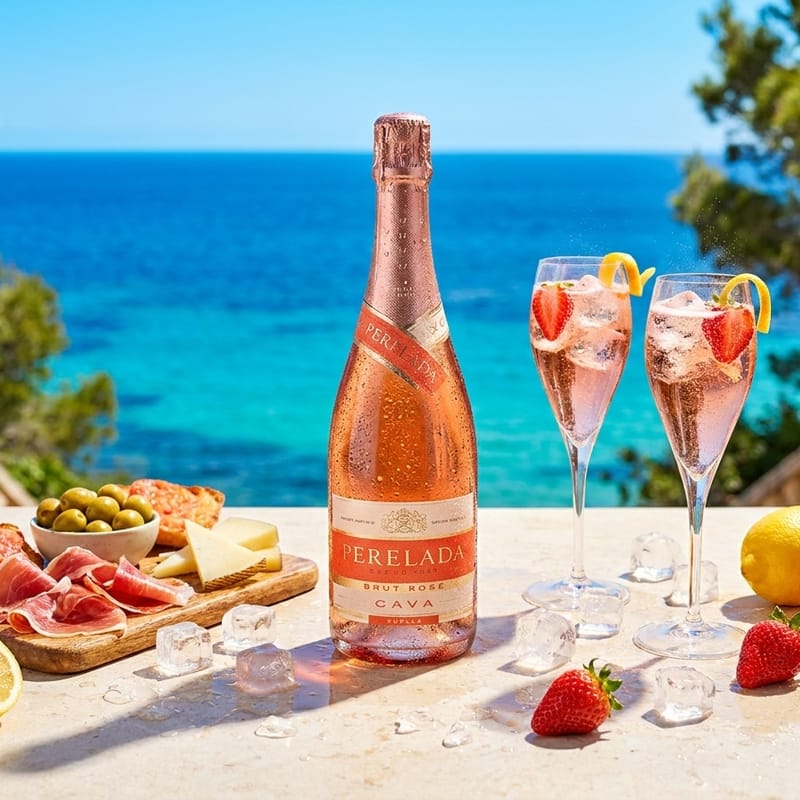 Бутилка Perelada Brut Rosé с две чаши и дъска с тапас на маса над морето