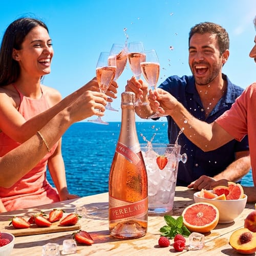 Четирима приятели вдигат чаши с розе кава Perelada Rosé Festival на маса край морето