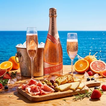 Бутилка Perelada Rosé Festival и чаша до дъска с хамон, манчего и маслини, на маса над морето