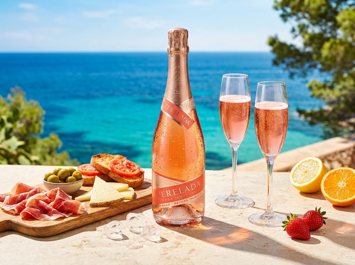 Бутилка Perelada Rosé Festival с две чаши и дъска с тапас на маса над морето