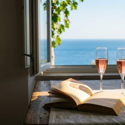 Две чаши розово пенливо и отворена книга на перваз, с морето отвън