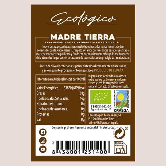 Задният етикет на Madre Tierra с био сертификата на CRAEGA