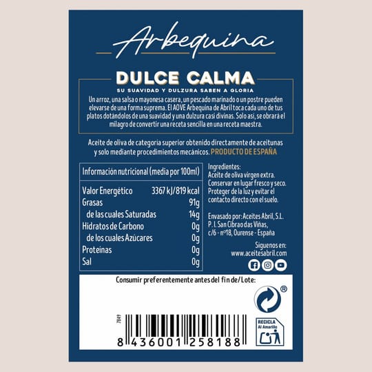 Задният етикет на Dulce Calma отблизо