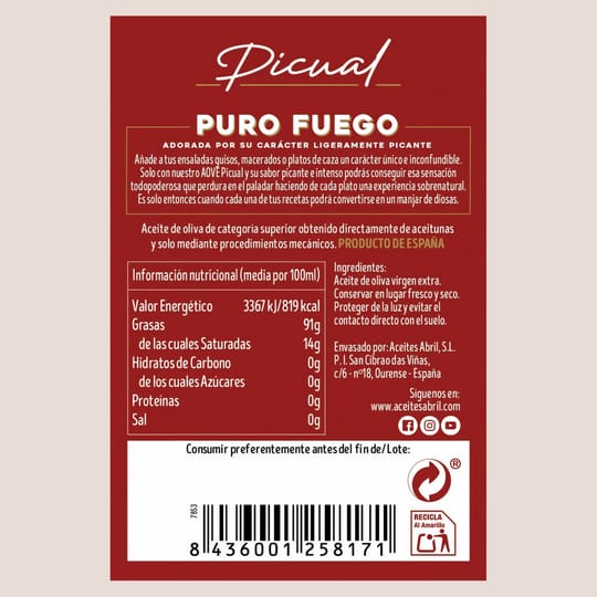 Задният етикет на Puro Fuego отблизо