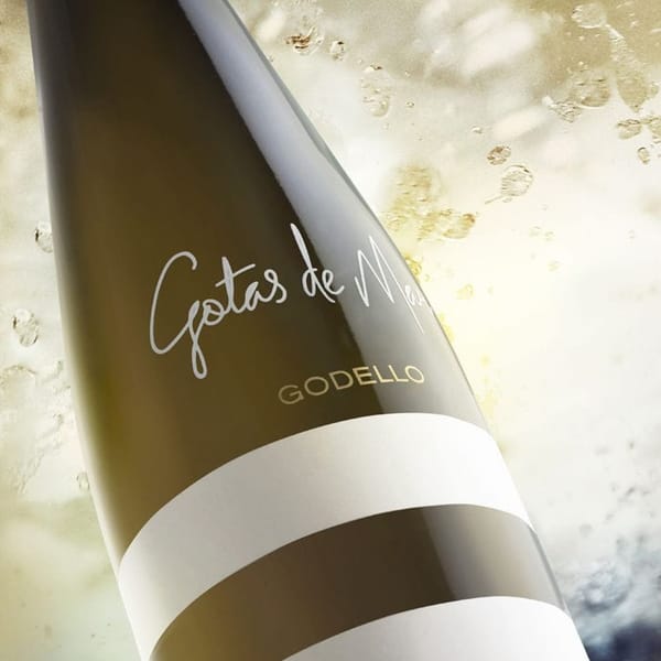 Изстудена бутилка Gotas de Mar Godello, легнала върху лед