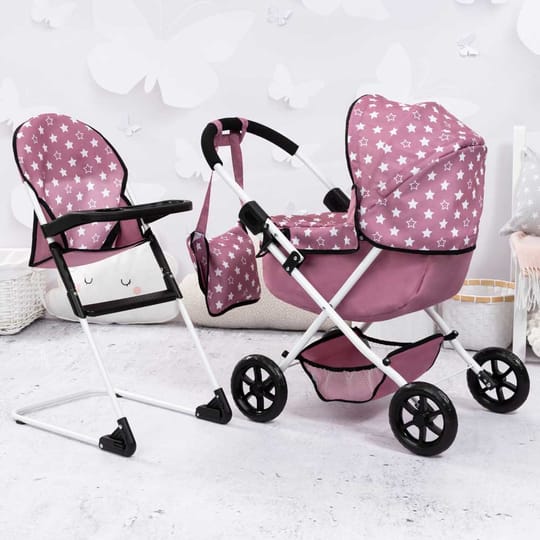 BAYER Количка за кукли с чанта COSY и столче за хранене розови