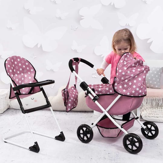 BAYER Количка за кукли с чанта COSY и столче за хранене розови