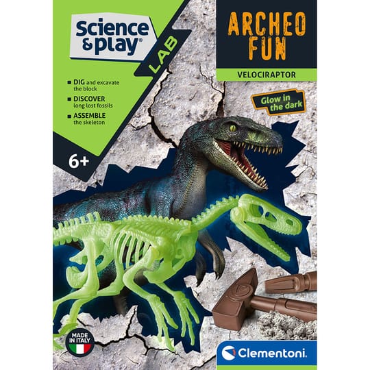 CLEMENTONI ARHEO FUN Разкрий Скелет Динозавър Velociraptor Glow in The Dark