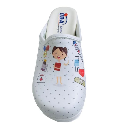 Медицински обувки сабо - бели с щампа