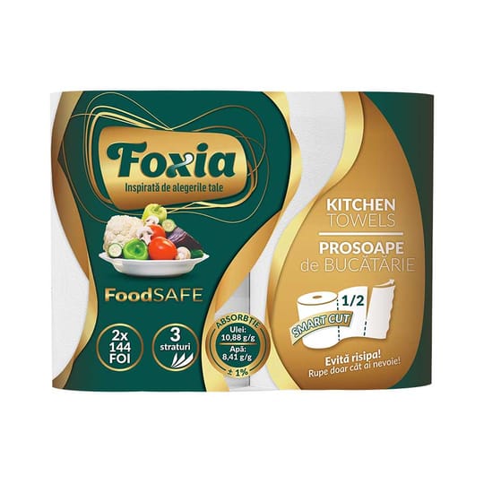 FOXIA Кухненска хартия 3 пласта - 2 ролки/комплект - 144 листа/ролка - височина 22 см