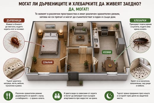 Могат ли дървеници и хлебарки да живеят заедно