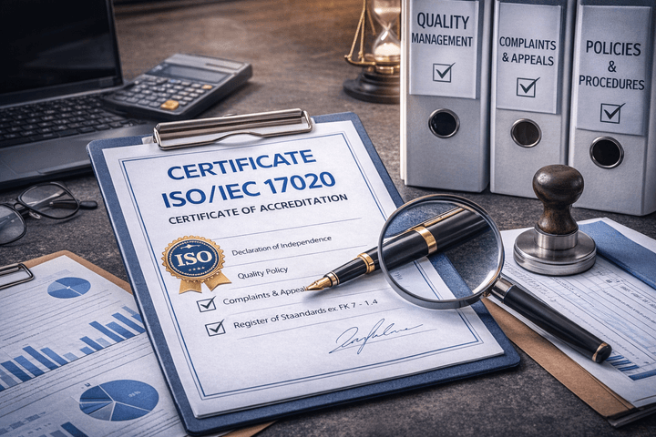 certificate isoo 17020 on table with magnifier on it