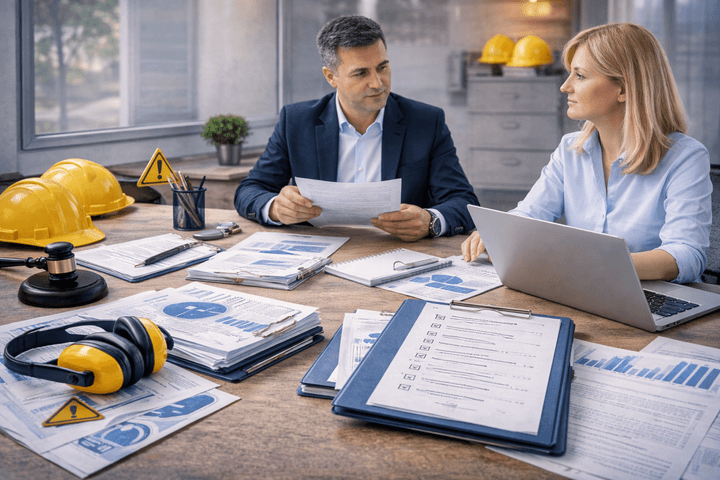 man and woman holding papers on a table full with documents