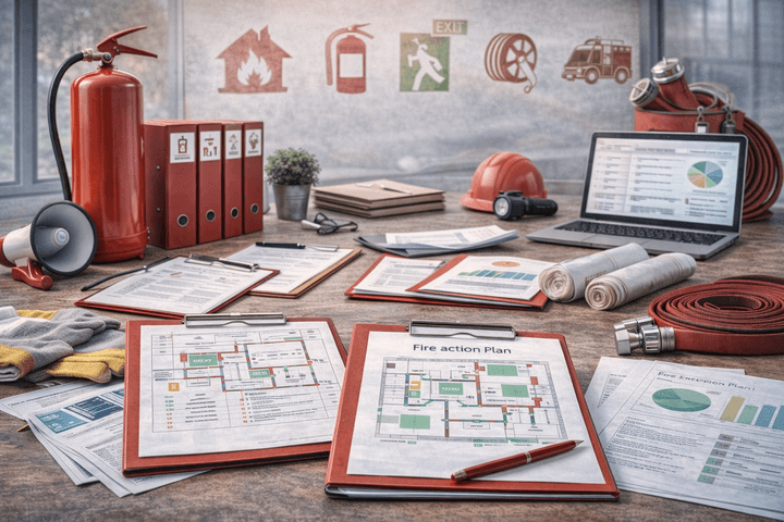 fire extinguisher on background and lots of clipboard with paperwork on desk