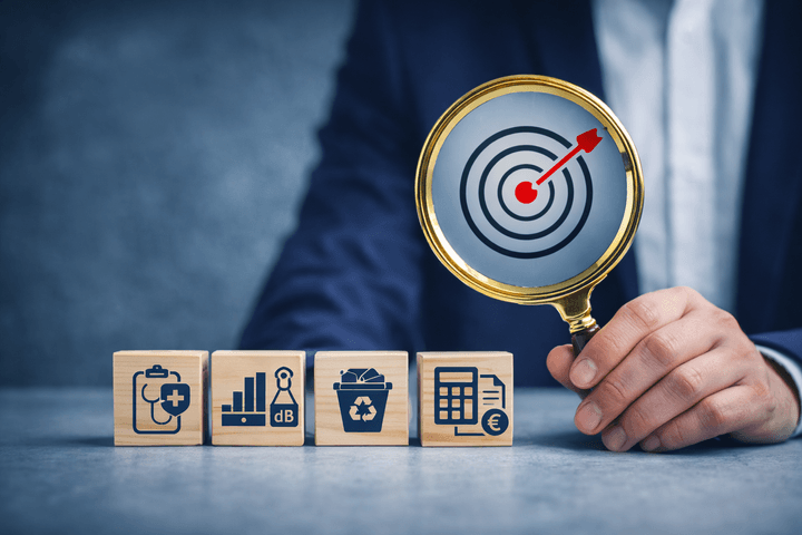 hand holding magnifier over wooden cubes with icons 