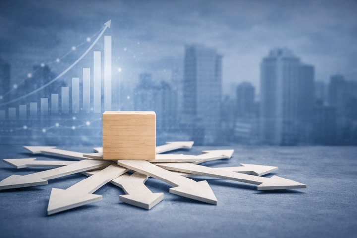 grow chart and arrows in city backgroud