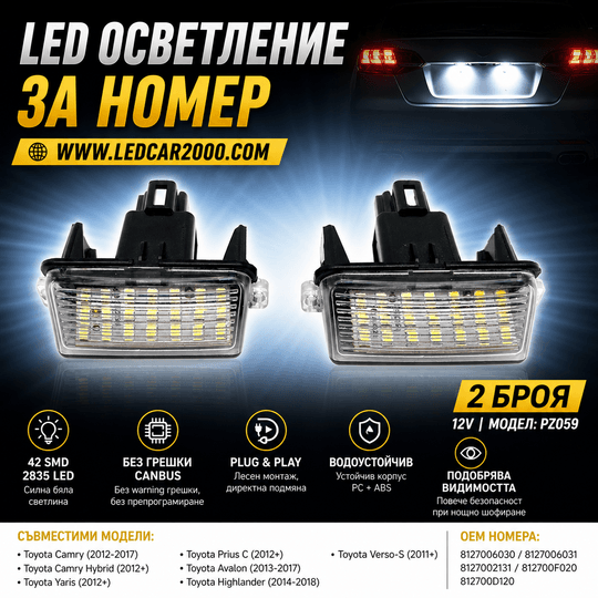 LED плафони за номер Toyota – 42 SMD | Без грешки | Plug&Play (2 бр.)