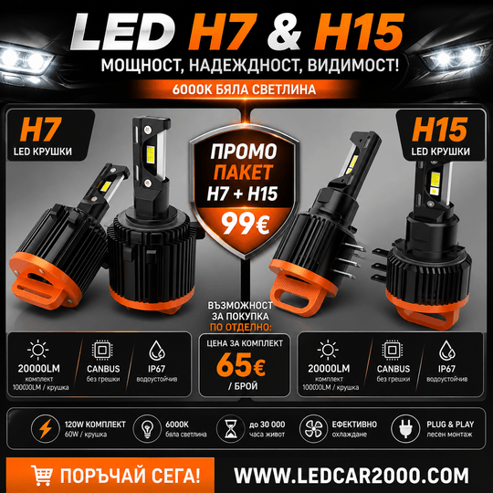 ПРОМО ПАКЕТ LED КРУШКИ H7 + H15 – САМО 99 €