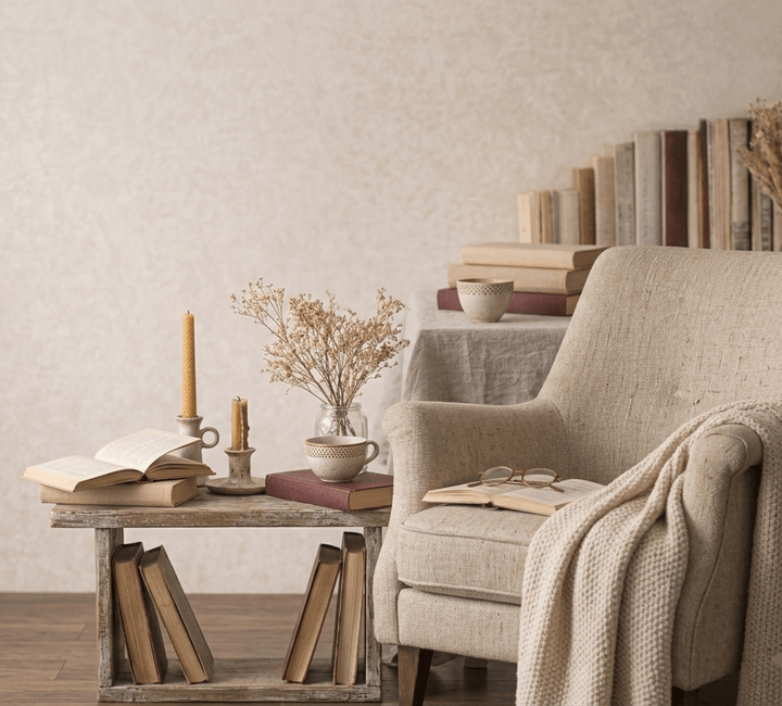 кресло , мек фон и книги