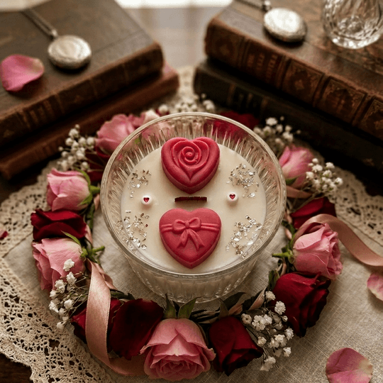 Бутикова свещ "Vintage Romance" | Ръчна изработка с дървен фитил и 3D сърца