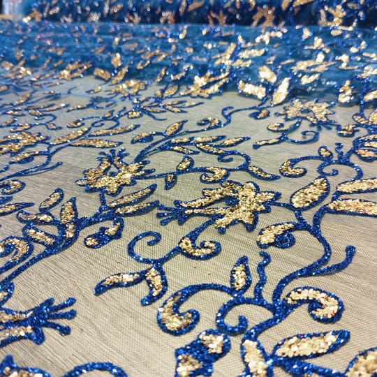 Тюл с брокат /синьо-златист