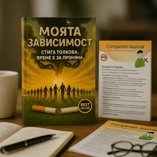 Книгата „Моята зависимост“ и работната тетрадка на бюро, до отворен бележник и очила
