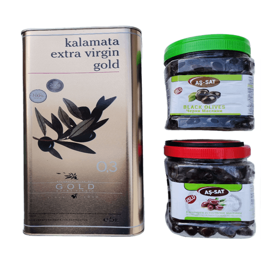 Маслиново масло Kalamata Gold 5 литрa + маслини Kalamata 900 гр.+Черни Услу с костилка 900 гр