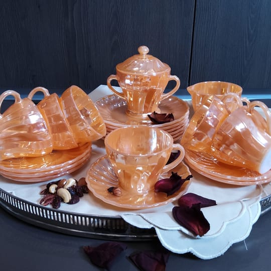 Огнен аркопал с меден блясък и лукса на Belle Epoque /Anchor Hocking, Fire King, USA/