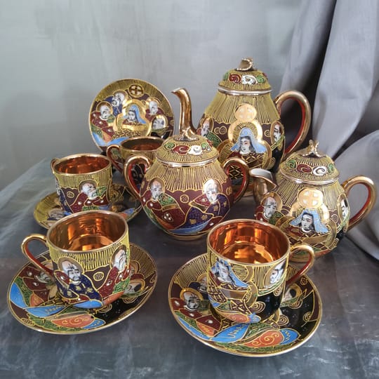 Vintage Japanese Samurai koffee  Set Gold Hand Painted Geisha Style