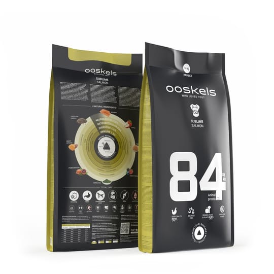 Храна за кучета СУПЕР ПРЕМИУМ КЛАС OOSKELS 84% животински протеин Сьомга 10кг.