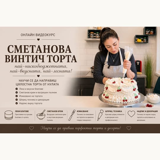 Онлайн Видеокурс: Сметанова торта сърце