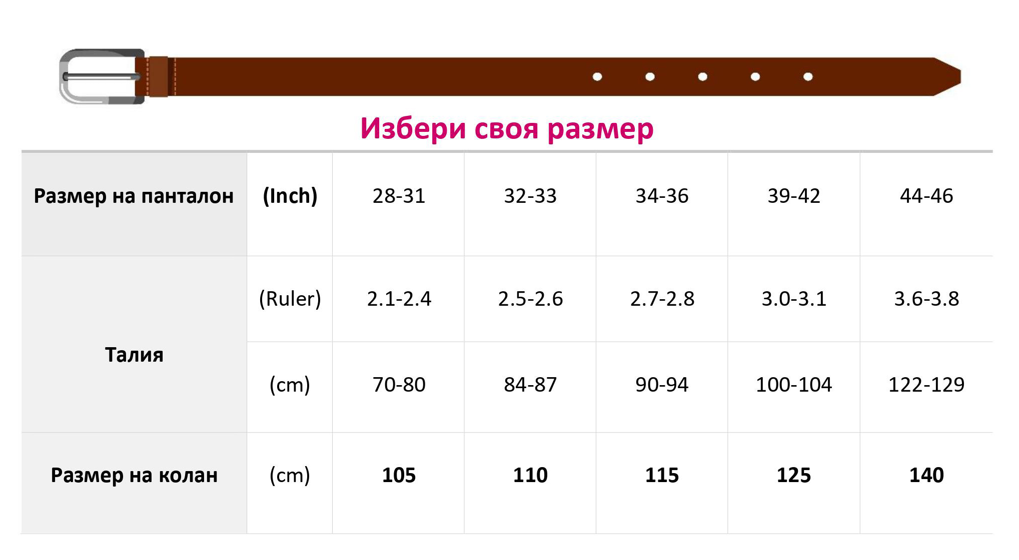 таблица с размери мъжки колани