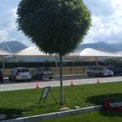 Distant frontal view of the dome-shaped parking canopy at Uva Nestum, Gotse Delchev.
