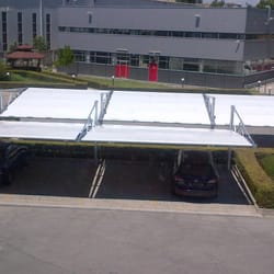 Top view of the membrane canopy showing the tensioned fabric panels at Dominov Konsumativ’s parking area in Plovdiv.