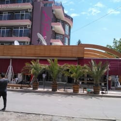 Completed pergola at Hotel La Piazza, Sunny Beach – clad structure with clean silhouette and modern coastal presence