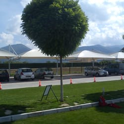 Distant frontal view of the dome-shaped parking canopy at Uva Nestum, Gotse Delchev.