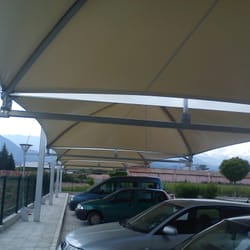 Underneath view of modular parking canopy at Uva Nestum winery, Gotse Delchev