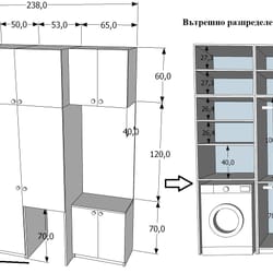 Голямо антре с четири крила място за пералня и котешка тоалетна надстройка и пано на стената по поръчка