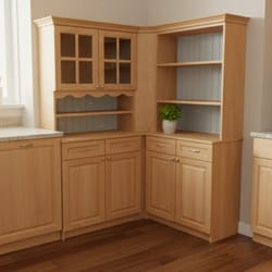 Ъглов кухненски бюфет с витрина чекмеджета и отворени рафтове по поръчка Yglov kuhnenski buffet s vitrina chekmedjeta i otvoreni rafove po poruchka