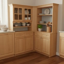 Ъглов кухненски бюфет с витрина чекмеджета и отворени рафтове по поръчка Yglov kuhnenski buffet s vitrina chekmedjeta i otvoreni rafove po poruchka