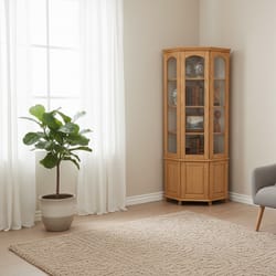 Висока ъглова витрина с многоъгълна форма и рафтове по поръчка Visoka yglova vitrina s mnogoogylyna forma i rafove po poruchka