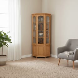 Висока ъглова витрина с многоъгълна форма и рафтове по поръчка Visoka yglova vitrina s mnogoogylyna forma i rafove po poruchka