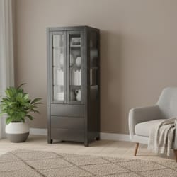 Висока витрина с две стъклени врати чекмеджета и странични рафтове по поръчка Visoka vitrina s dve stykleni vrati chekmedjeta i stranichni rafove po poruchka